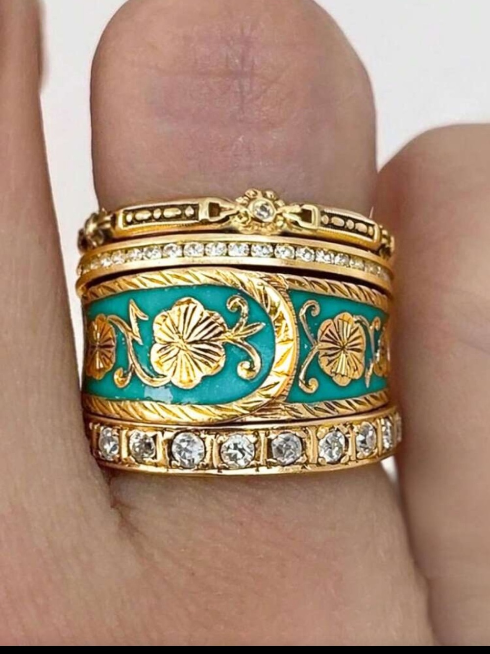 Gold-Tone Turquoise Enamel Floral Stackable Ring